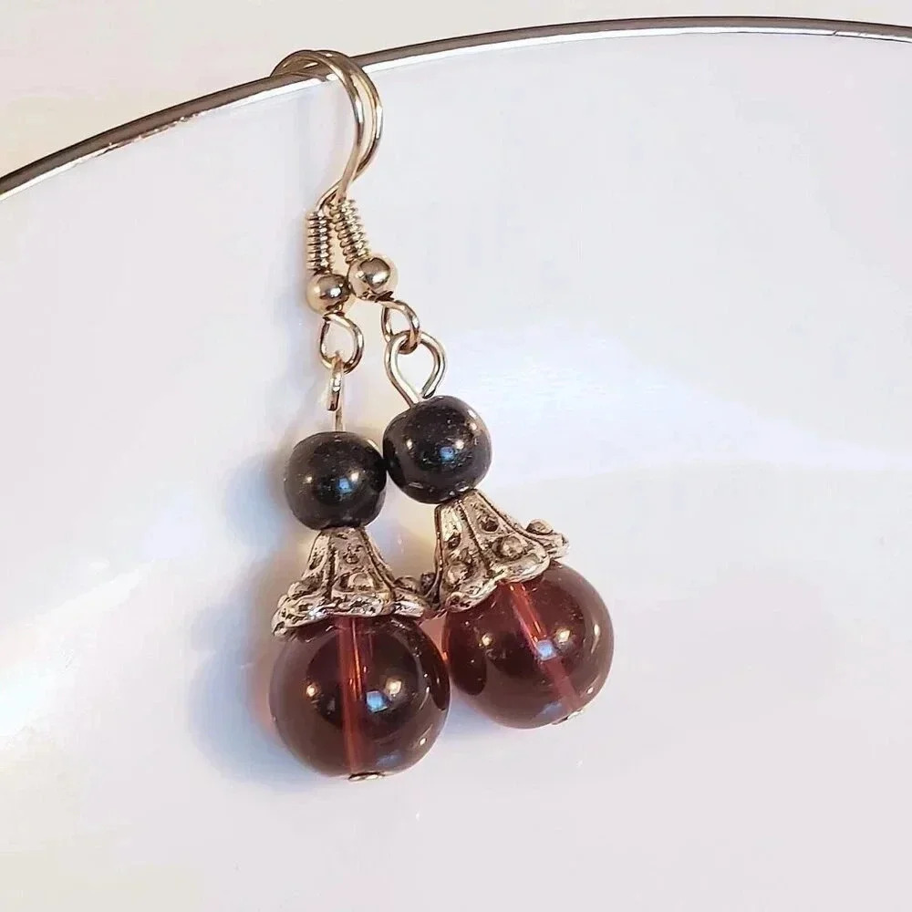 Purple Black Glass Antique Silver Carved Bead Caps Earrings